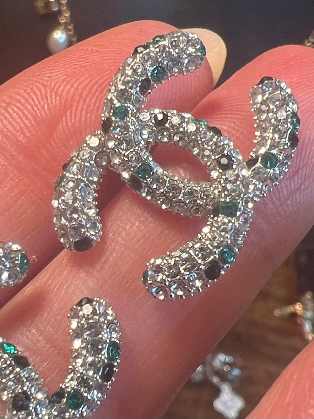 Crystal-Embellished CC-Style Earrings in Silver with Green Accents - Picture 4 of 7